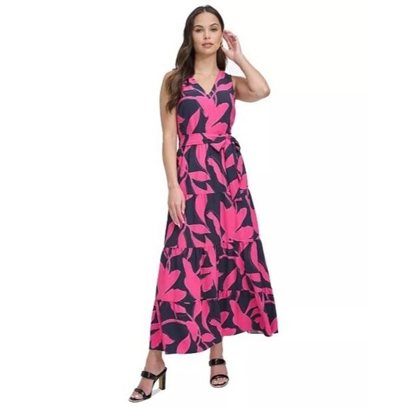 139$ DKNY Women's V-Neck Fit & Flare Midi Dress Sleeveless Size 2 Navy Blue Pink